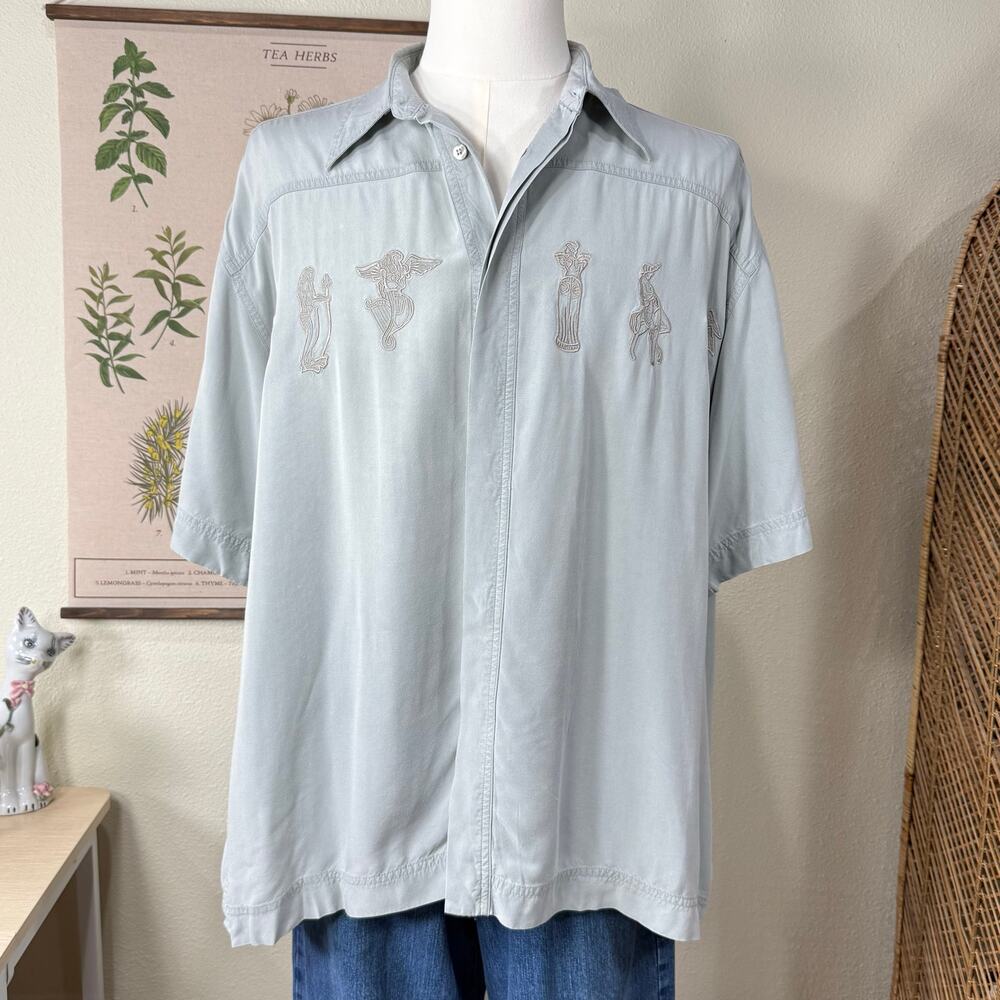 Vintage 80s 90s Embroidered Greek Mythology Button Up Shirt Grunge Streetwear M